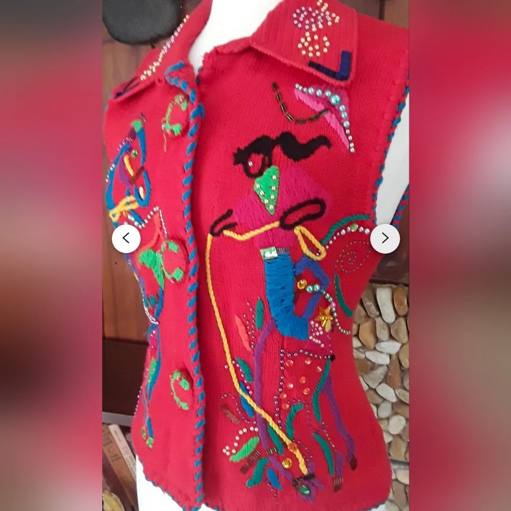 SM/MED Vintage Michael Simon Red Beaded Rodeo-theme Vest - Picture 3 of 7